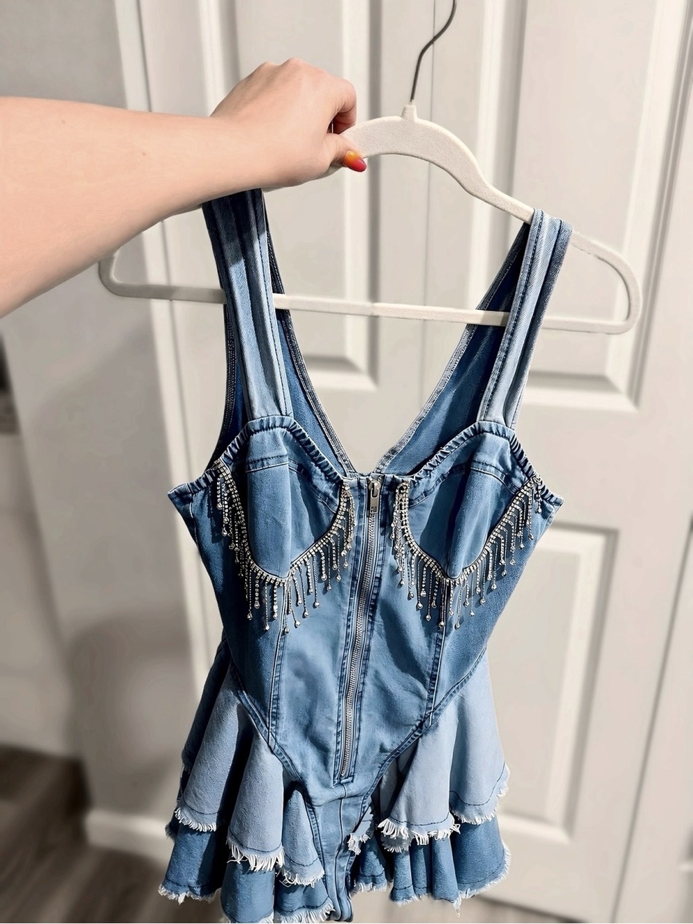 Super Cute Zippered Front Denim Rhinestone Romper Dress!